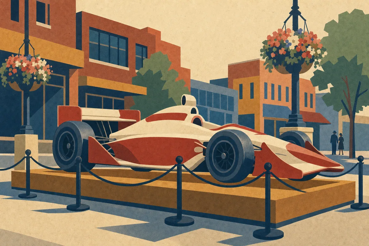 A Honda Indy Race Car Is Sitting on Four Porcelain Teacups in Downtown Oakville